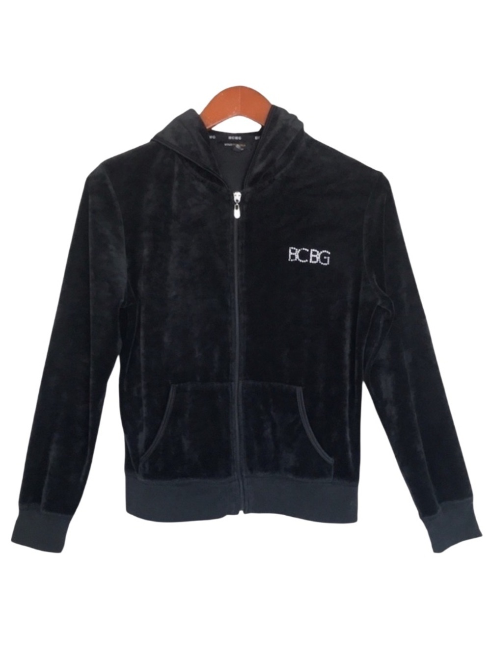 BCBGMaxAzria Black Velour Rhinestone Logo Zip-Up Hooded Jacket Medium - Picture 1 of 13